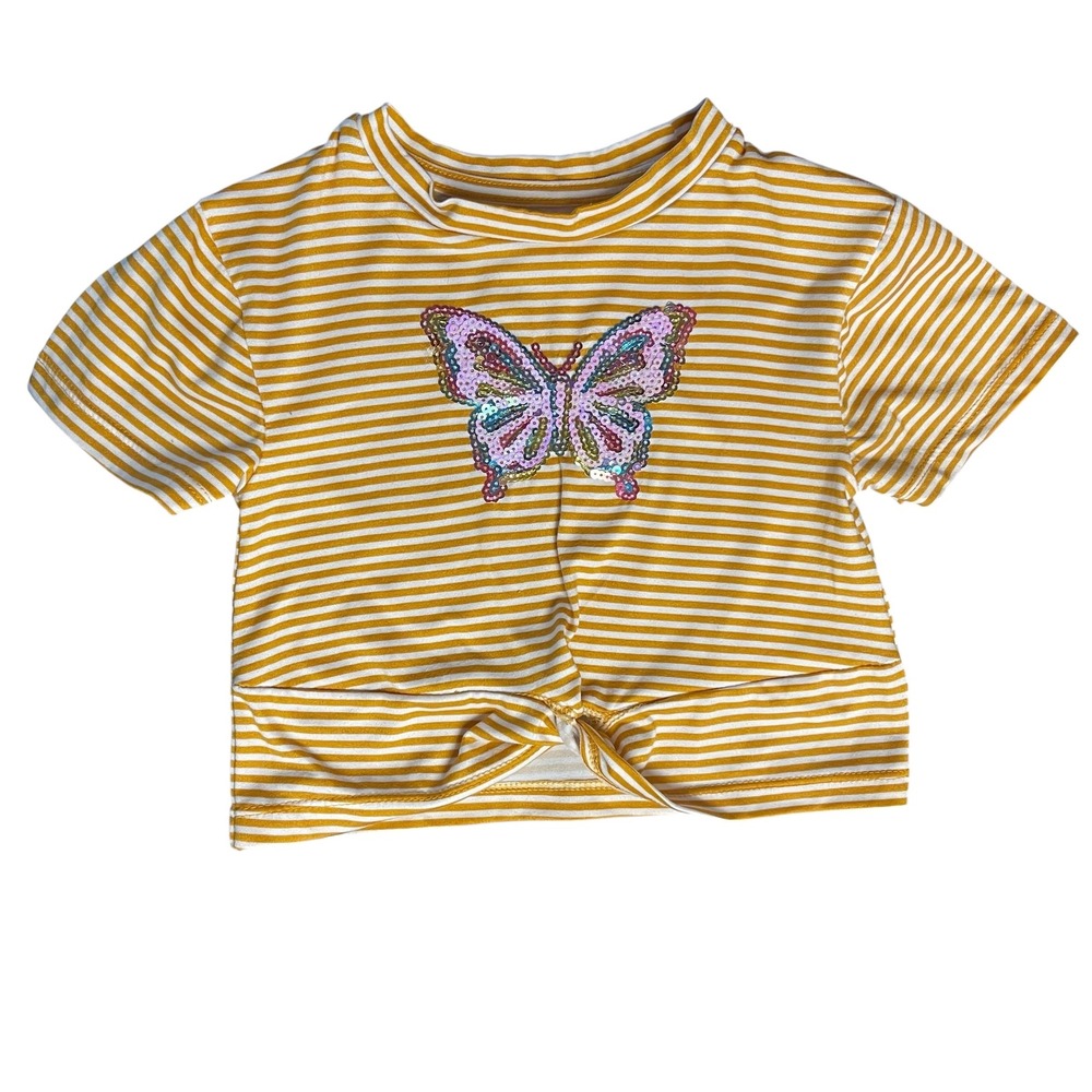 Lemon Kiss Girls Yellow Striped Sequin Butterfly Front Knot Crop T-Shirt Size 3T